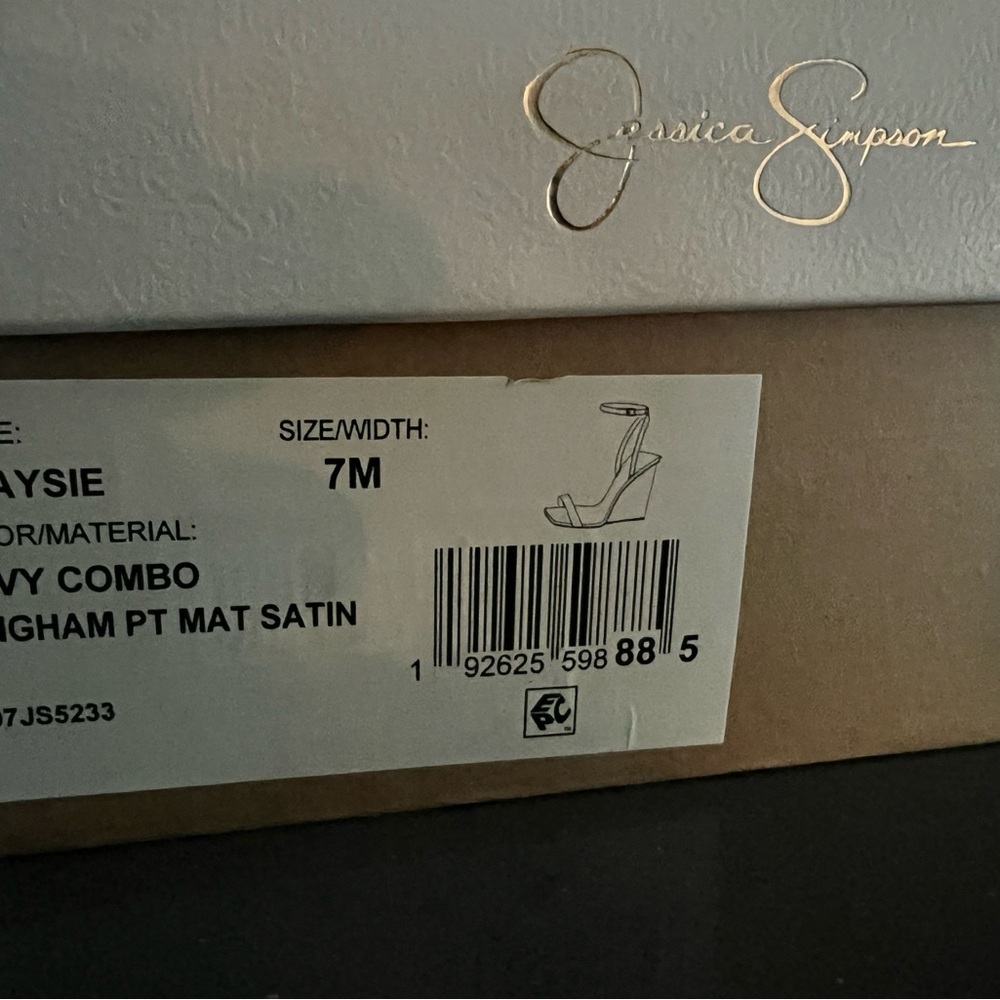 Jessica Simpson Gingham Wedges / Clear Heels w/ Daisies Navy Blue Gingham - NIB - Picture 6 of 6